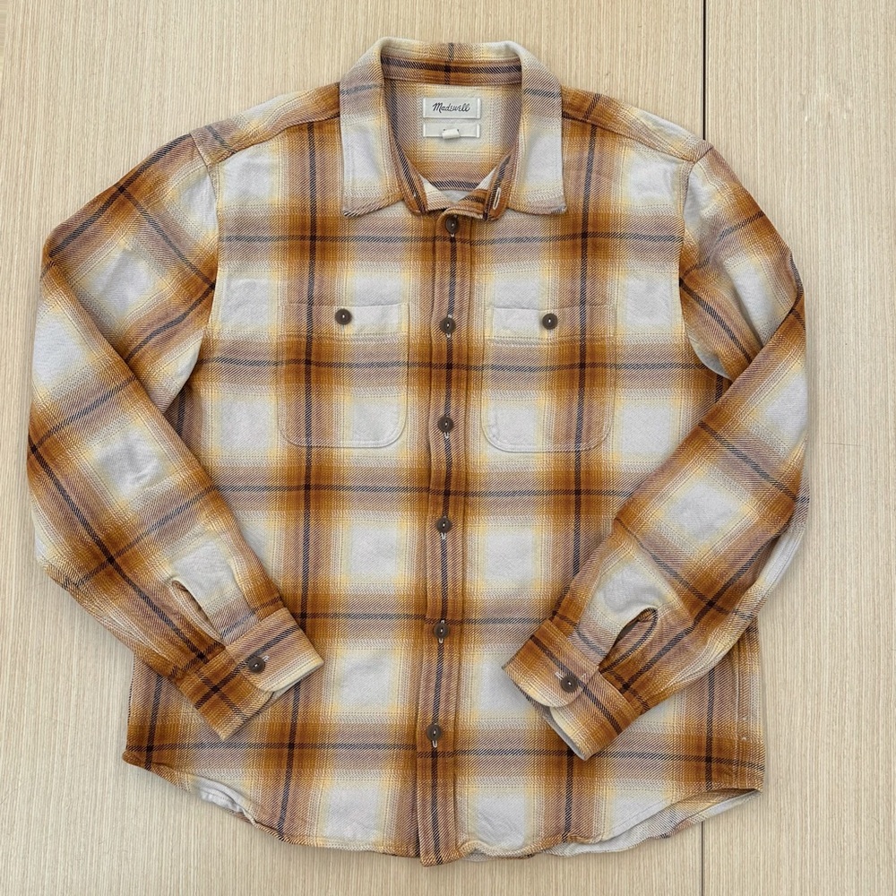 Madewell Men's Casual Plaid Shirt - Tan and White